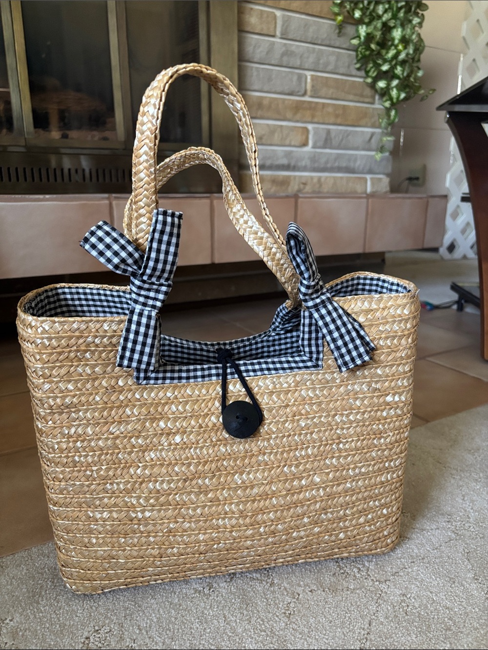 Vintage Woven Straw Tote Bag with Gingham Bow Accents